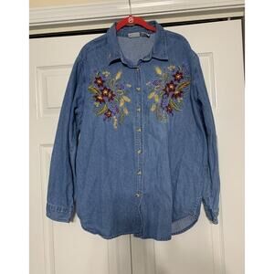Vintage Bobbie Brooks Denim Floral Embroidered Button Up Shirt Cottage 18W / 20W
